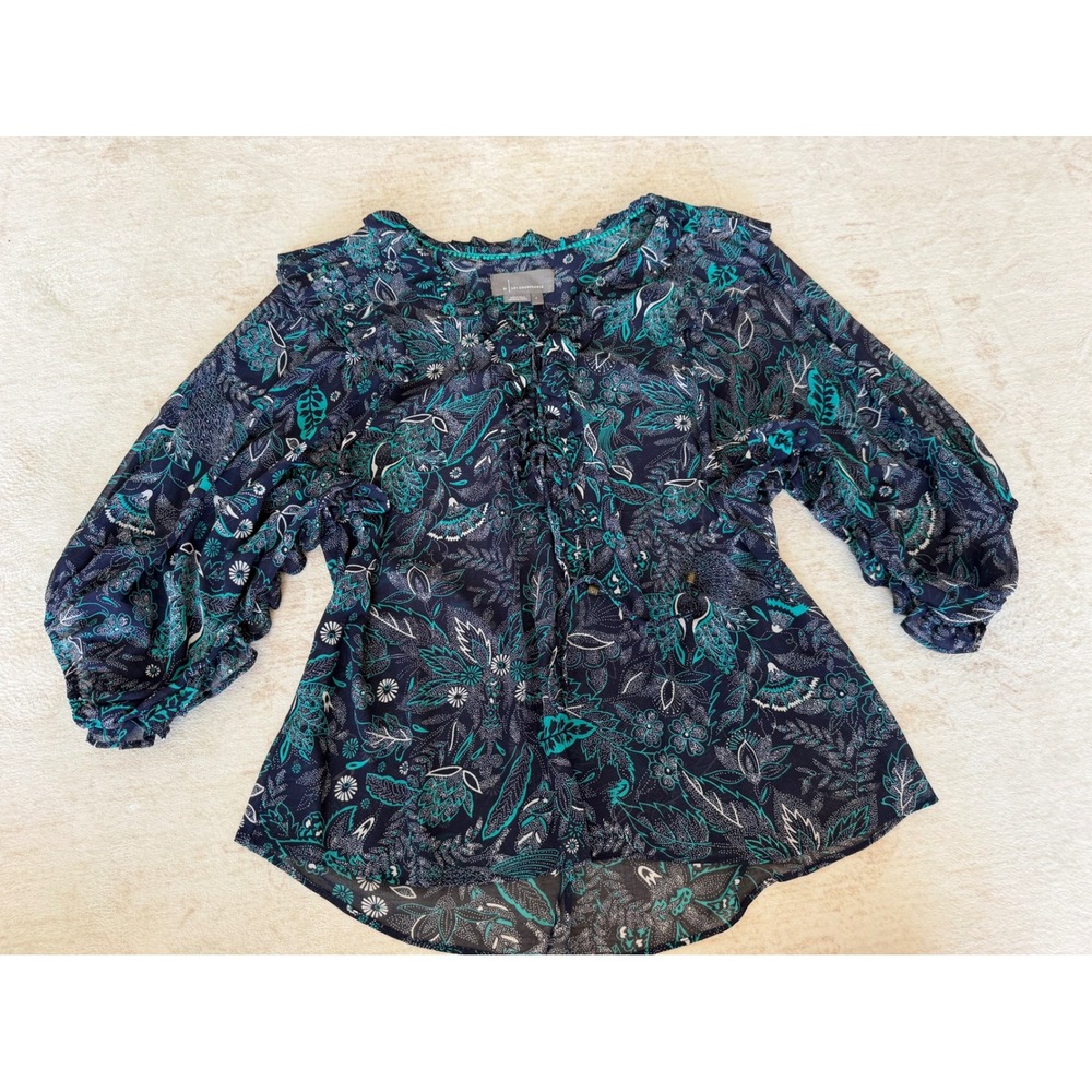 Anthropologie Navy Teal Floral Paisley Lace Up Ruffle Peasant Blouse Small
